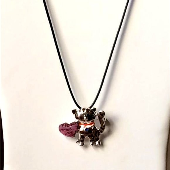 Kitty Cat Pin Brooch Pendant MEOW MEANS LOVE Cat MOM Heart Silver Plated - Picture 9 of 12